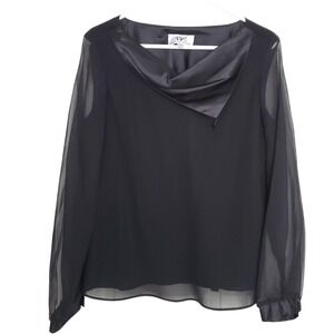 Vintage Black Sheer Lined Draped Neckline Long Sheer Balloon Sleeve Top SZ:12